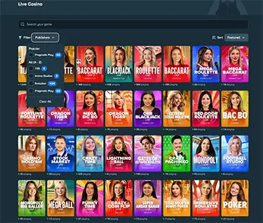 Live Casino with dropdown