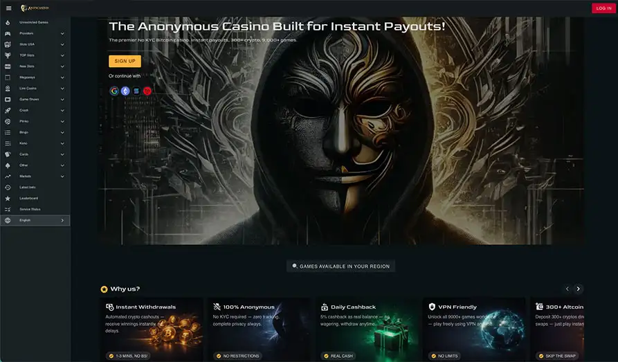 Anon Casino Desktop Screenshot 1